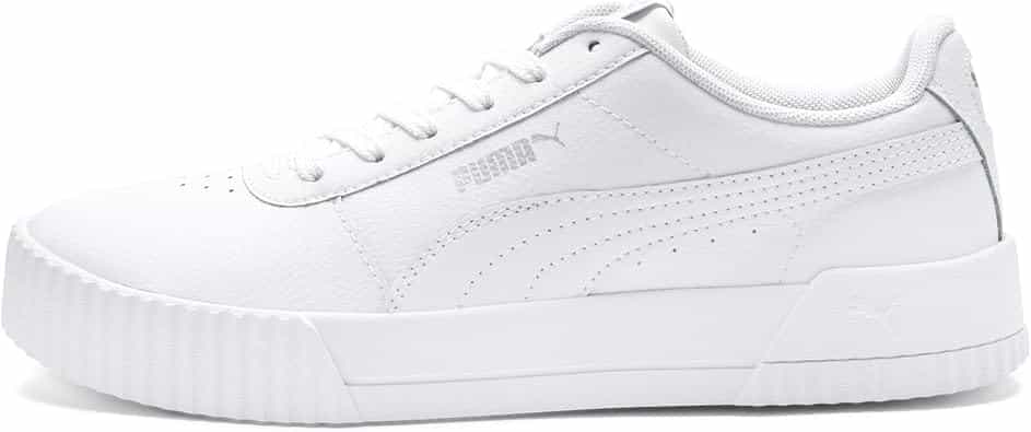 PUMA Carina 2.0 Metallic Shine Femme – Baskets tendance en cuir blanc, or et argent